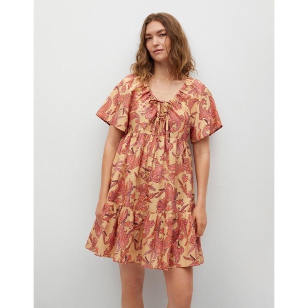 Mango Floral Mini Dress in Peach and Rust